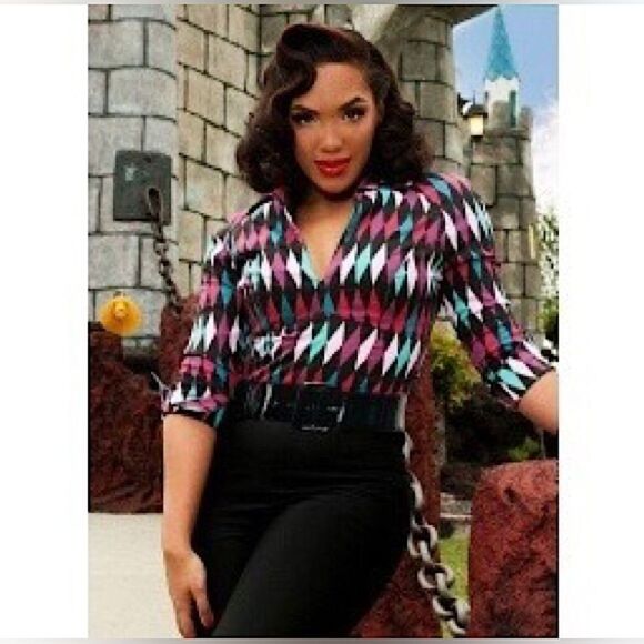 Pinup Couture Tops - Pinup Girl Clothing Top Harlequin Lauren Top 3/4 Sleeve Blouse Size M • NEW •
